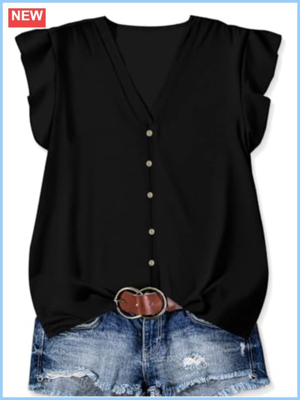 Womens Summer Tunic Top V Neck Ruffle Sleeve Button Down Blouse